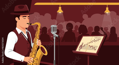 An illustration of a saxophone player performing in front of an audience