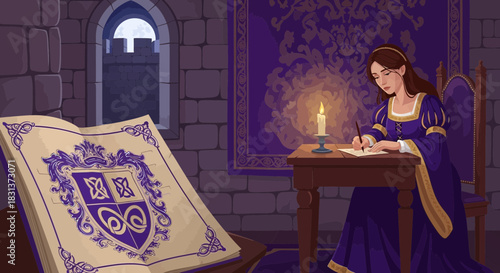 Medieval scribe composing a chronicle by candlelight within castle walls