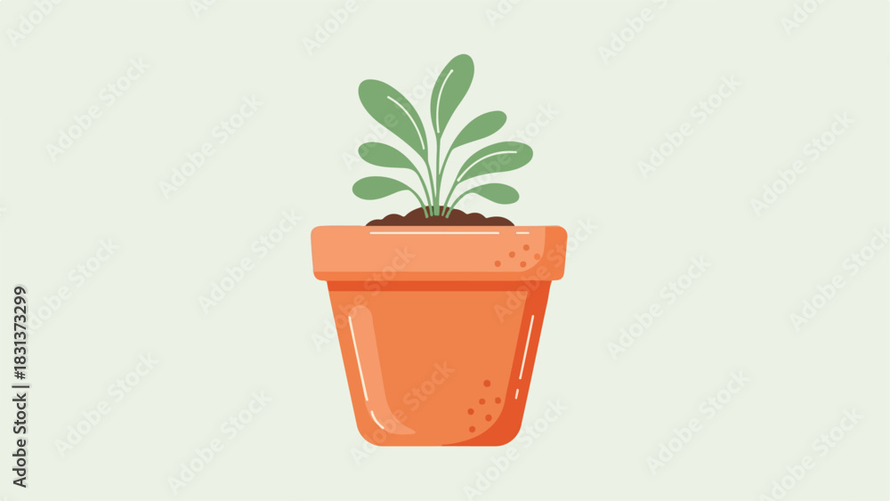 Fototapeta premium A small green seedling growing in a terracotta pot filled with dark soil.
