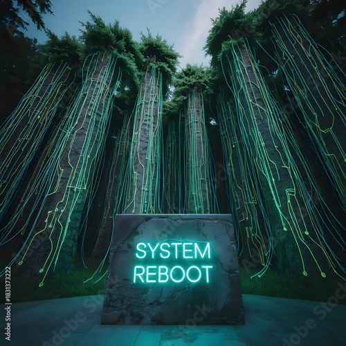 Neon system reboot sign surrounded by illuminated palm trees at night