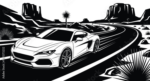 White sports car driving through desert landscape illustration