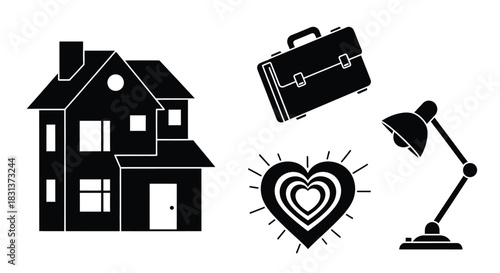 Symbols of home, work, and passion arranged for creative inspiration