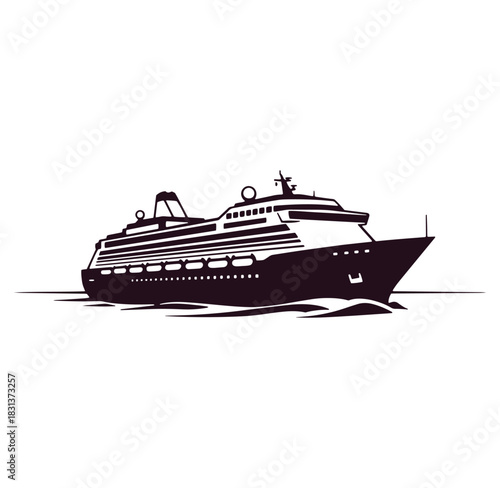 Silhouette illustration of a luxury cruise ship traveling across the calm ocean waters.