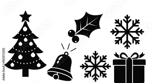 Black christmas icons vector set christmas tree snowflakes and more