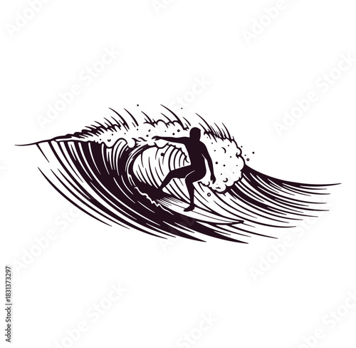 Silhouette of a surfer riding a crashing wave illustration against a white background