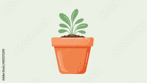 A small green seedling growing in a terracotta pot filled with dark soil.