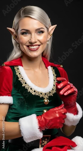 Elegant Christmas Elf Woman Adjusting Red Gloves in Festive Costume