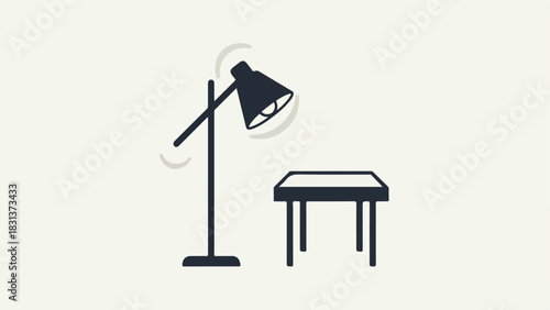 A minimalist illustration of a black floor lamp and a small black table against a light beige background.