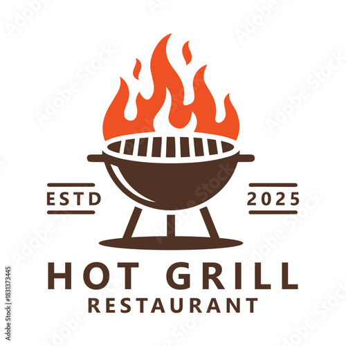 Vintage grills Logo barbecue with fork and fire flame
