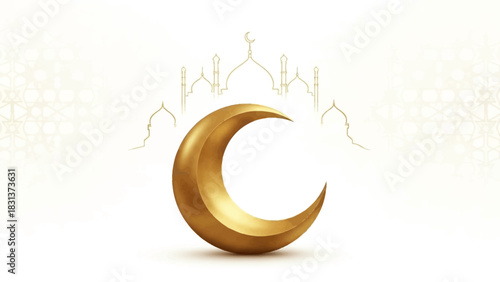 Golden Crescent Moon with Mosque Backdrop A Serene Ramadan Illustration