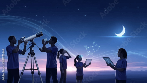 Children's cosmic journey Young explorers merge telescope viewing with digital tablet learning to uncover the night sky's wonders, fostering a passion for astronomy and science