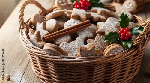A wicker basket overflowing with various Christmas-themed gingerbread cookies, dusted with powdered sugar.