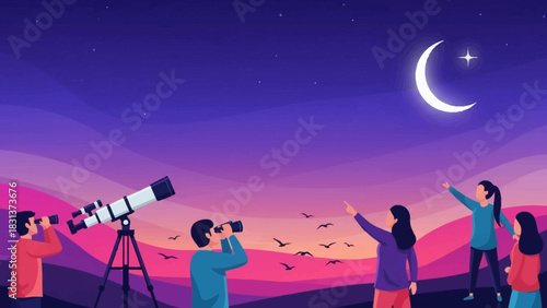 Passionate individuals enjoy a serene night of stargazing, exploring the cosmos with telescopes and binoculars, captivated by the crescent moon and distant stars