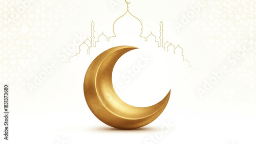 A luxurious 3D golden crescent moon stands before a subtle mosque silhouette on a patterned white background, symbolizing Islamic holidays and spiritual celebration