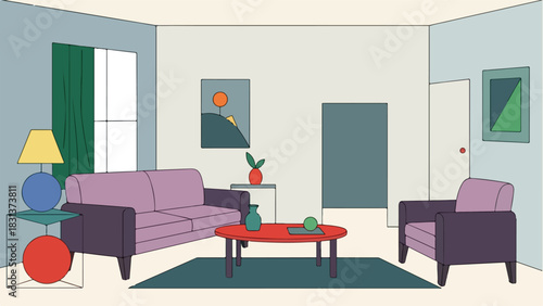 A minimalist living room with purple sofa, armchair, and red coffee table.