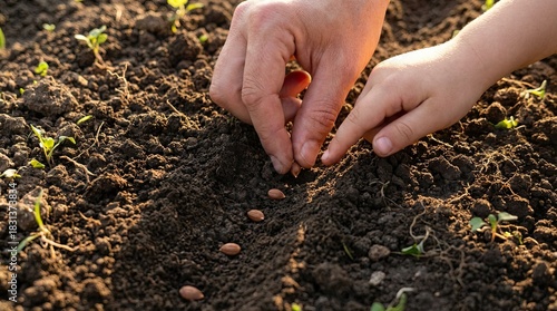 Adult and child hands planting seeds in fertile garden soil