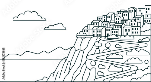 Coastal town illustration with winding road and ocean view art