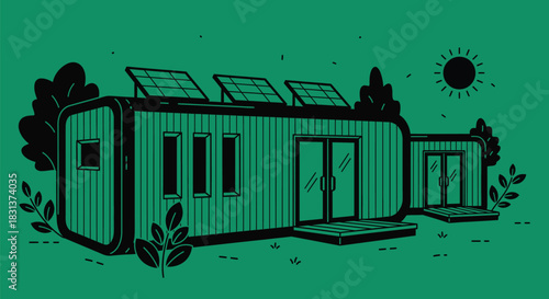 Modern tiny house illustration with solar panels and nature art