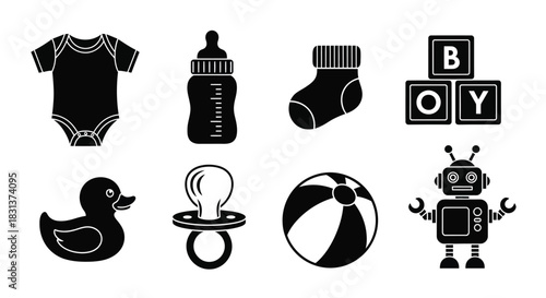 Baby shower vector icons set cute baby items and toys illustration