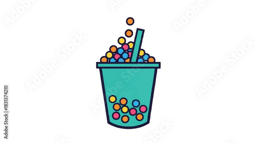 Colorful Bubble Tea Drink with Straw and Popping Boba Pearls.