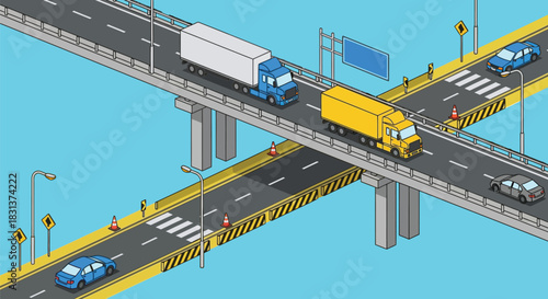 Isometric road traffic illustration with trucks and cars driving