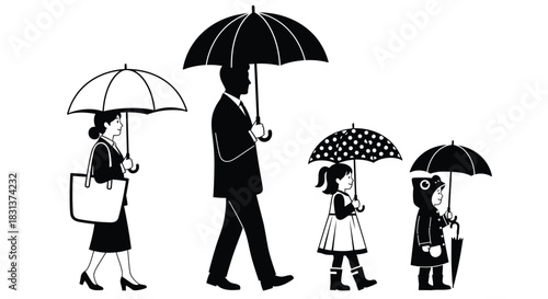 Family walking in rain with umbrellas vector black and white art