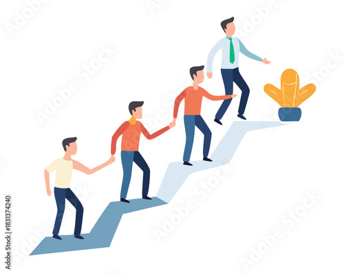 Employees giving hands and helping colleagues to walk upstairs. Team giving support, growing together. Vector illustration for teamwork, cooperation ... See More