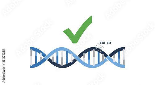 Successful gene editing shown with DNA strand and check mark for science, research, and medicine with genetic engineering and biotechnology solutions