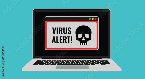 Virus alert on laptop computer security threat and malware attack