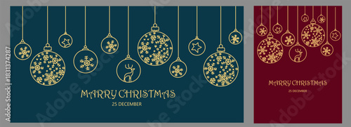 Elegant Christmas card and festive banners design vector design featuring golden line art ornaments, snowflakes, and reindeer on rich backgrounds. Marry Christmas holiday and winter greetings cards.