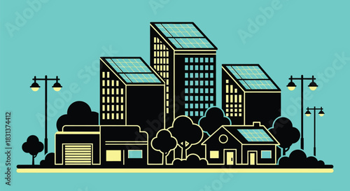 Solar panels on buildings eco friendly sustainable city design
