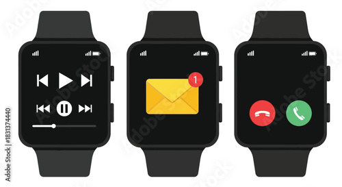 Modern smartwatches displaying music player, email notification, and incoming call screens.