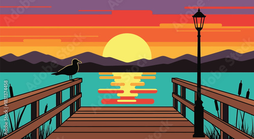 Sunset lake view with seagull on pier vector illustration art