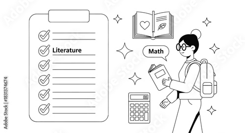 Back to school education checklist literature and math concept