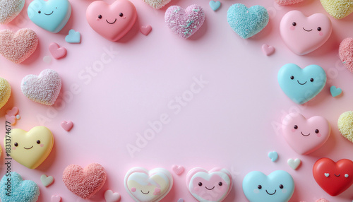 Adorable 3D kawaii pastel heart-shaped candies create a sweet Valentine's Day frame on a pink background