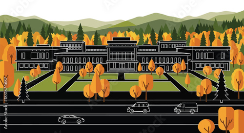 Illustration of school building with autumn trees and vehicles