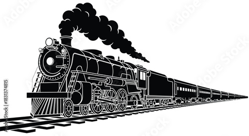Vintage train illustration black and white steam locomotive art