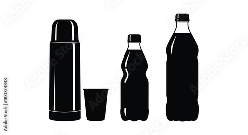 Black and white illustration of thermos bottles and plastic cup