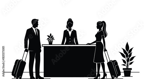 Hotel reception check in service with guests and receptionist