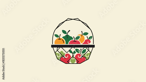 A stylized illustration of a basket overflowing with colorful fruits, including oranges, apples, and limes, set against a neutral background.
