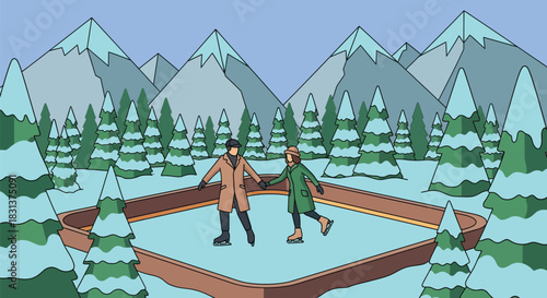 Winter ice skating outdoors couple skating in snowy mountains