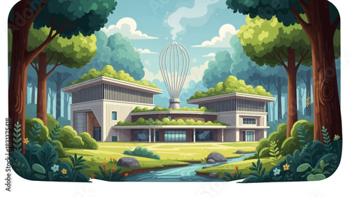 A modern eco-friendly building with a green roof nestled in a vibrant, sunlit forest clearing by a stream.