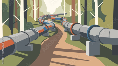 An industrial pipeline for transporting gas or oil winds its way through a dense forest in a stylized illustration.