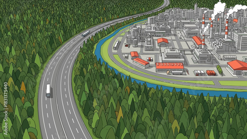 Illustration of a highway running through a forest to an industrial area.