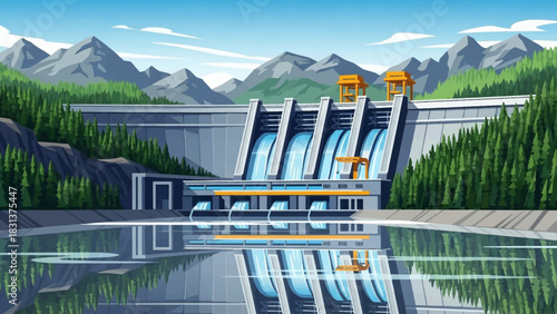 Illustration of a hydroelectric dam power plant in a mountain valley with a calm reservoir reflecting the structure.