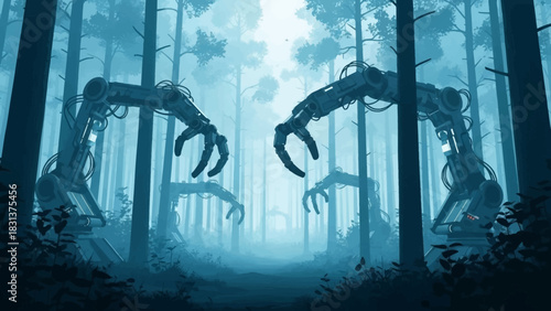 Robotic arms emerge from a misty forest, creating an eerie and futuristic atmosphere.