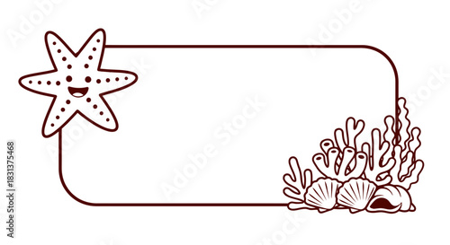 Sea life frame with starfish and coral reef template vector