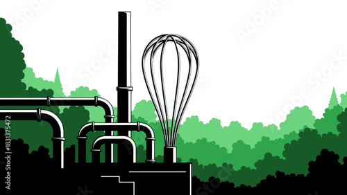 Stylized illustration of a factory chimney and pipes next to a giant whisk, with a lush green forest in the background.