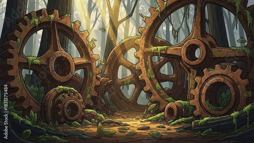 Giant rusty gears overgrown with moss in a forest, bathed in sunlight.