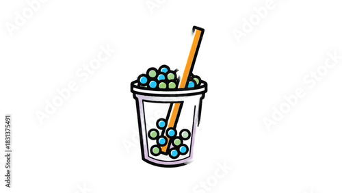Bubble Tea Drink with Colorful Boba Pearls and Straw.
